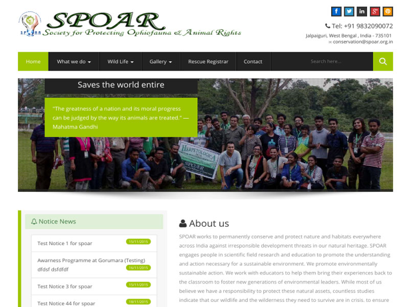 SPOAR is a nature lovers Club. Responsive ,dynamic admin can capture Rescue List, Manage member subscription and Notice .MRP Rs.INR.  22000/- Renewal Rs.- INR 5500/-